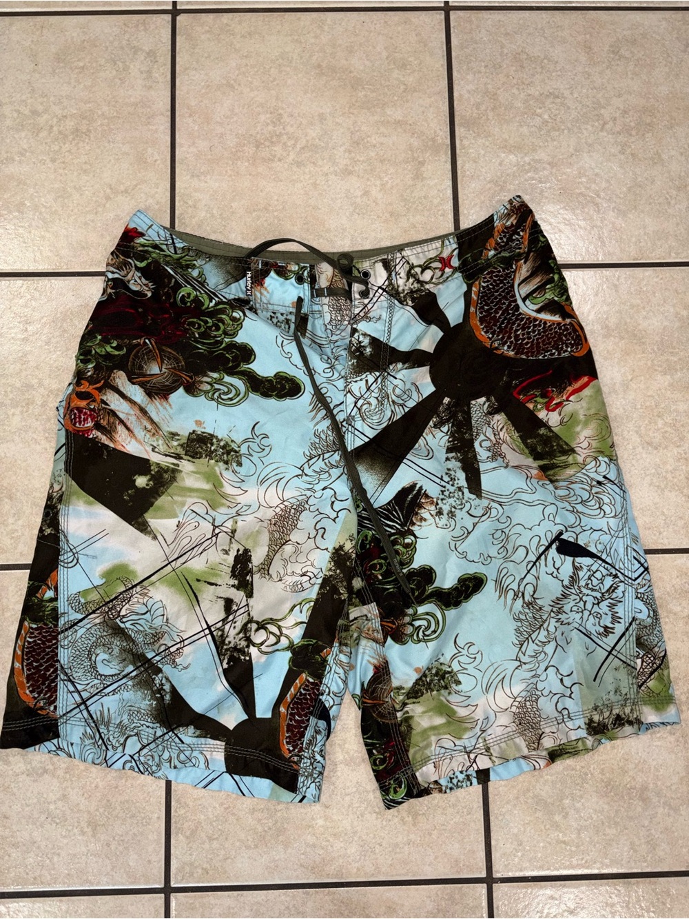 Hurley rising sun dragon Light Blue Graphic Swim Trunks